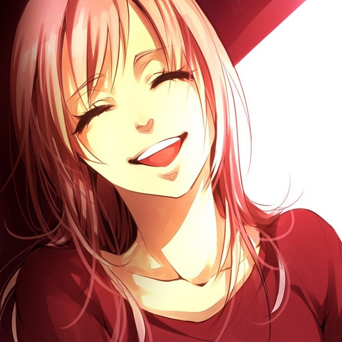 Anime girl with pink hair smiling