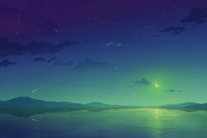 Anime night sky with moon and shooting star over water