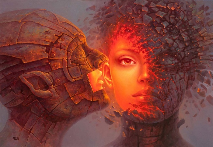 Fantasy art of a woman's face breaking apart