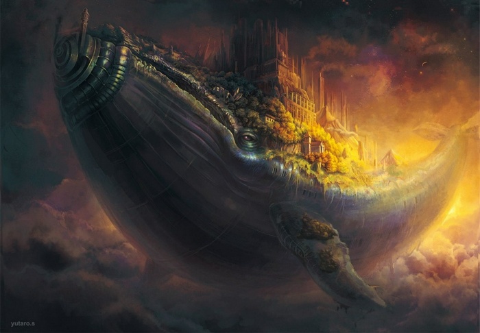 Fantasy whale city in the clouds