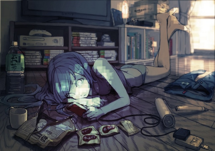 Anime girl lying on the floor with snacks and electronics
