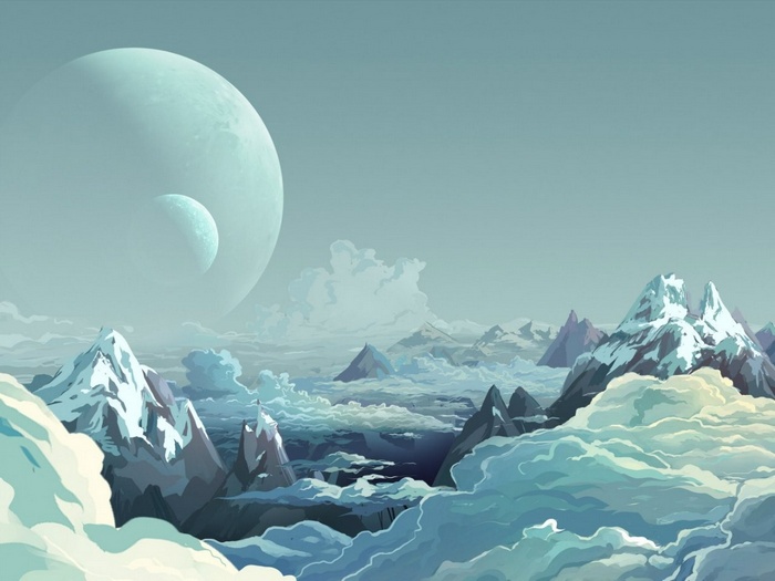 Fantasy art of planets and mountains