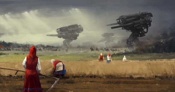 Dystopian field with mechs and farmers