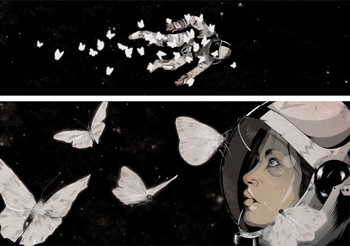 Astronaut surrounded by butterflies in space