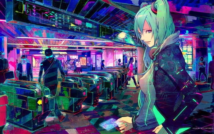 Hatsune Miku in a futuristic subway station