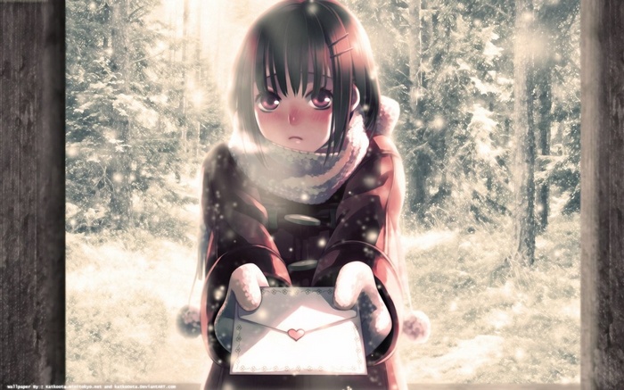 Anime girl in winter holding an envelope