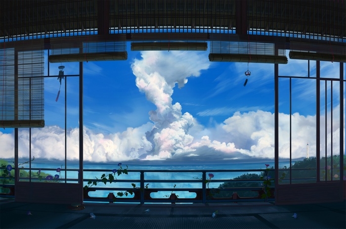 Anime artwork of a stormy sky over the ocean