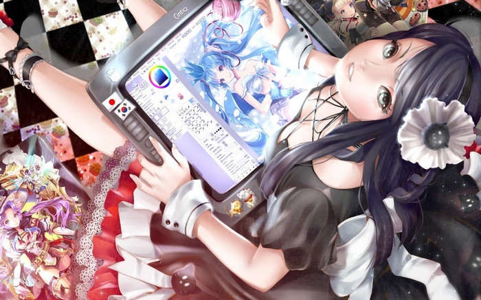 Anime girl drawing on a Cintiq tablet