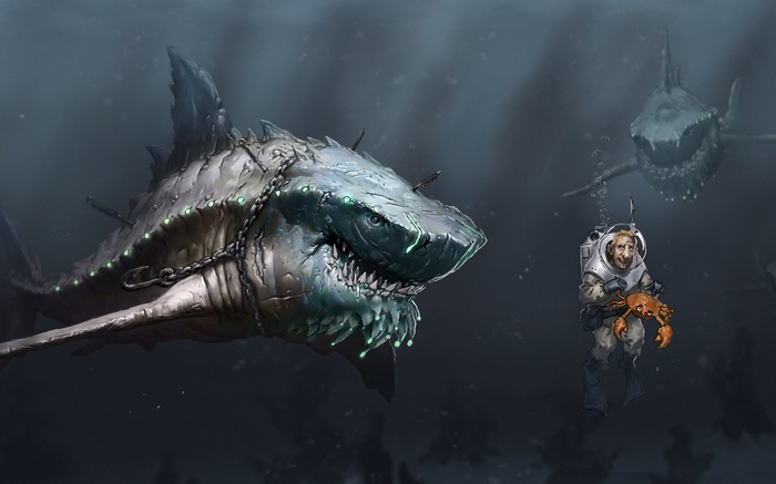 Cyberpunk Shark and Diver with Crab