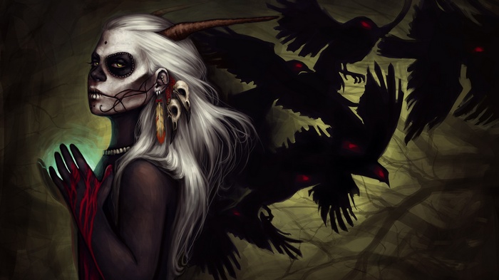 Woman with Sugar Skull makeup and crows