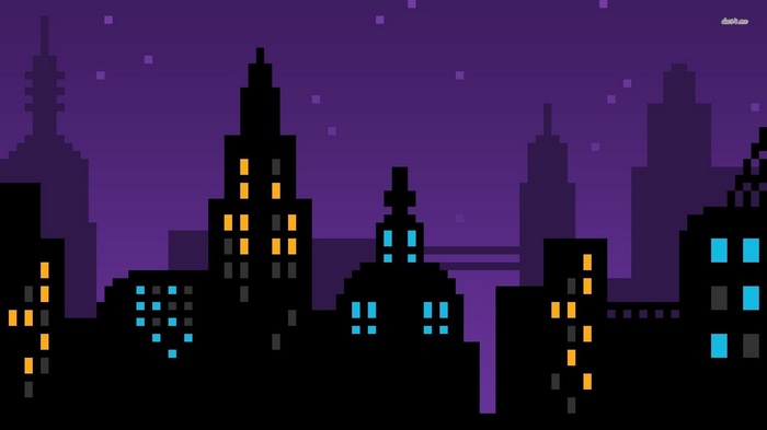 Pixel art cityscape at night with purple sky