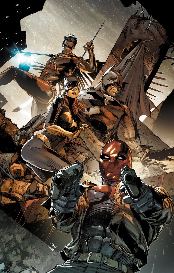 Batman, Batgirl, Robin, and Red Hood in a battle scene