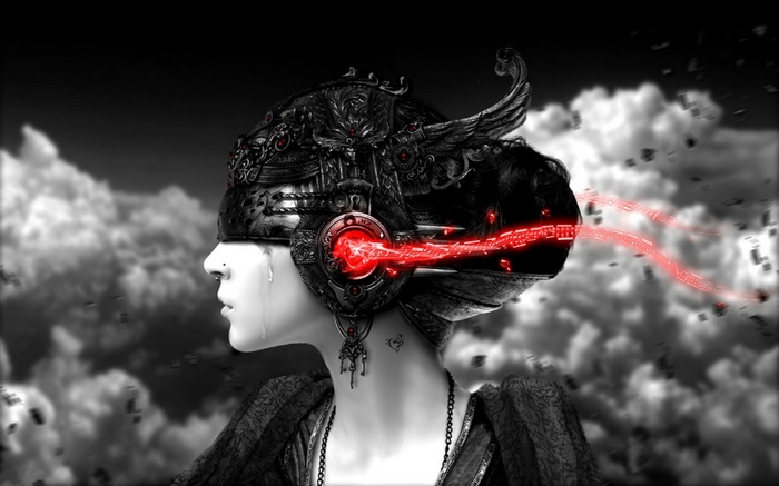 Woman with elaborate headwear and red music waves