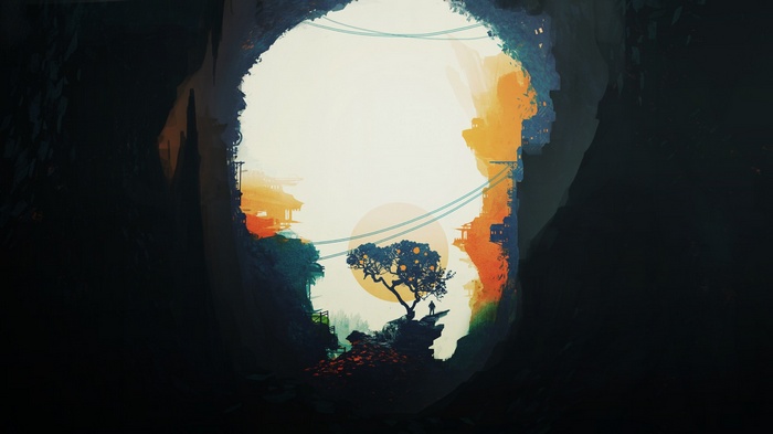 Fantasy landscape with a lone figure and a tree