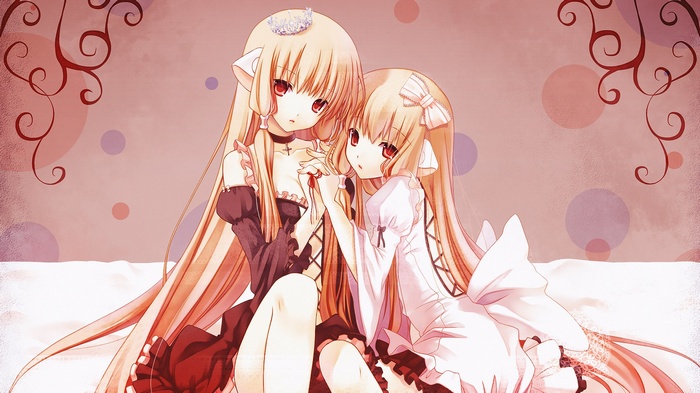 Two anime girls with blonde hair and red eyes