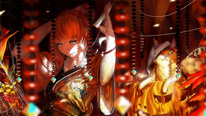 Anime girl in kimono with cat and pumpkin
