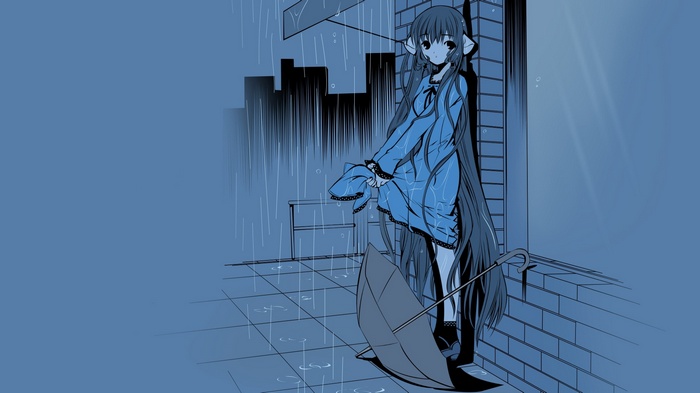 Chobits anime girl in the rain with umbrella