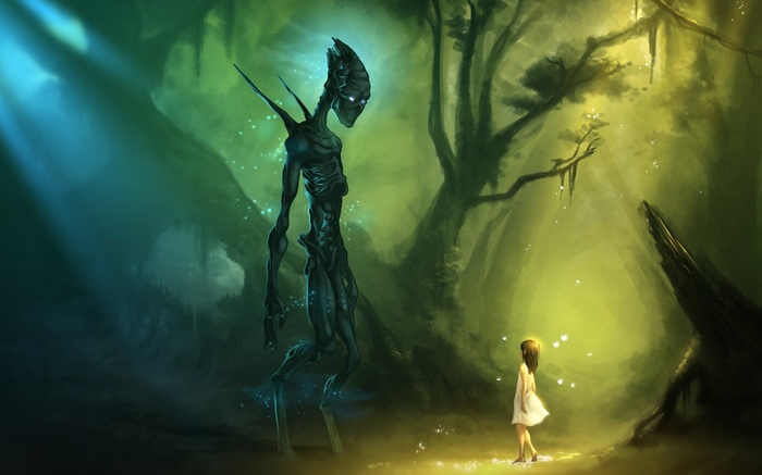 Alien creature and girl in a mystical forest