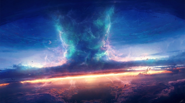 A cosmic tornado in the sky with lightning