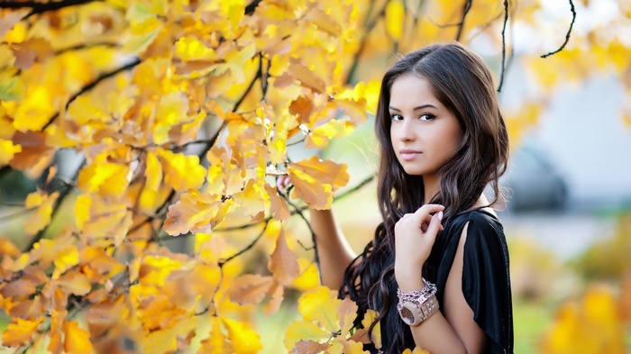 Young woman with long hair among autumn leaves