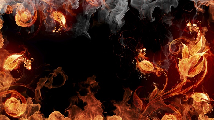 Fiery floral design with smoke and flames
