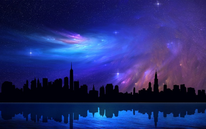 Cityscape Silhouette Under a Nebula Sky