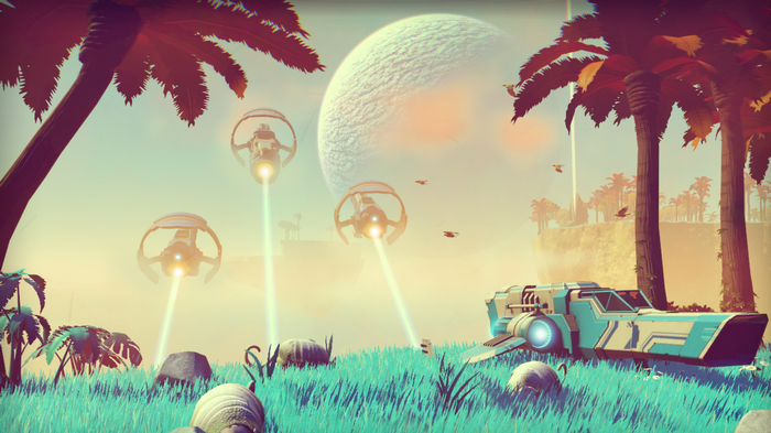 No Man's Sky alien planet with flying vehicles
