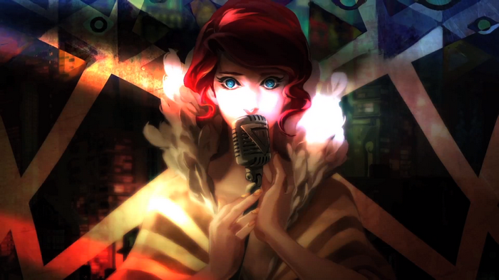 Red from Transistor sings into a microphone