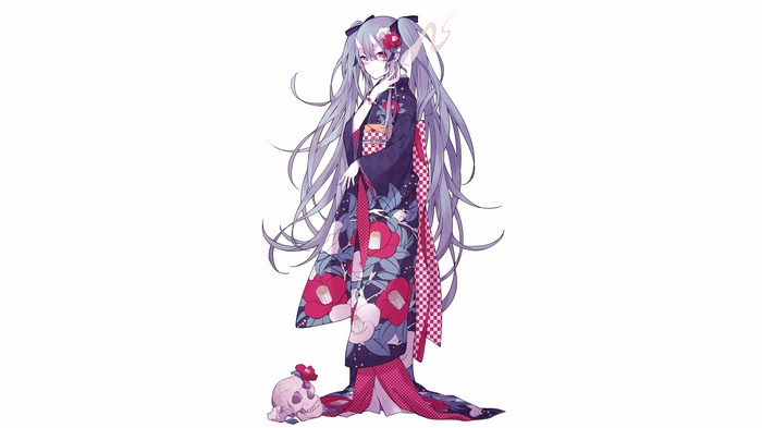Hatsune Miku in a floral kimono with a skull