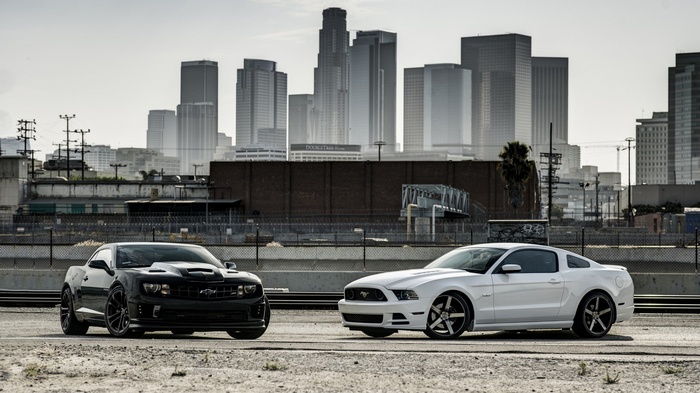 Black Chevrolet Camaro and White Ford Mustang in city