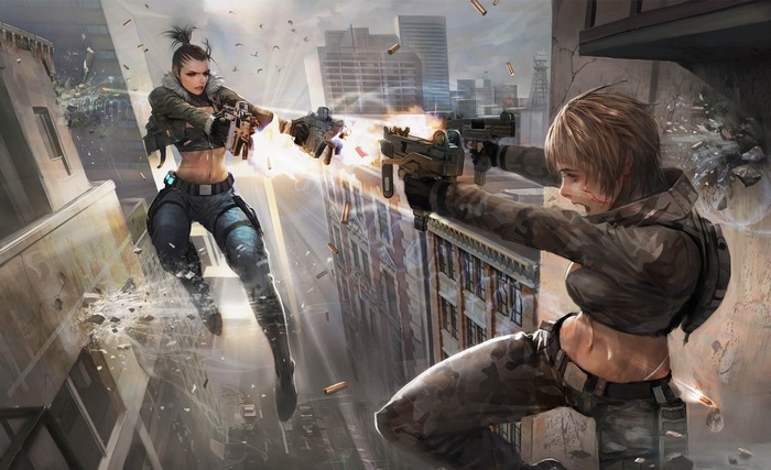Two women in tactical gear engaged in a gunfight on rooftops