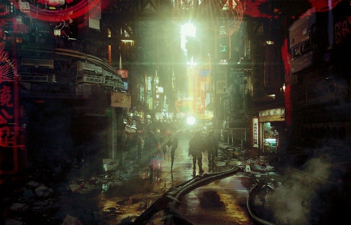 Cyberpunk futuristic city street with people