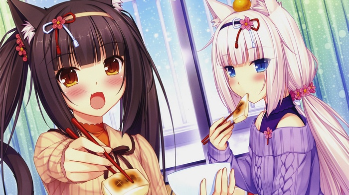 Chocolat and Vanilla from Neko Para eating mochi