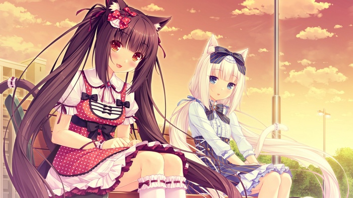 Vanilla and Chocolat from Neko Para sitting on a bench