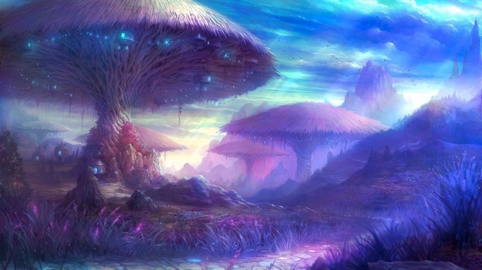 Fantasy art of a surreal mushroom forest landscape