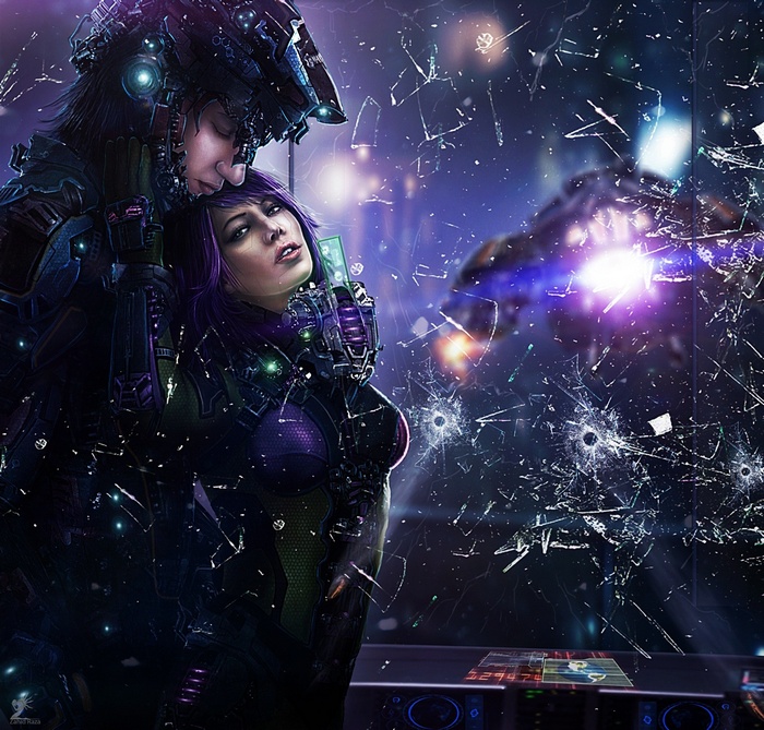 Cyberpunk couple in a damaged spaceship cockpit