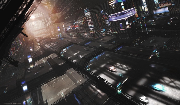 Cyberpunk city with flying vehicles on multi-level highways