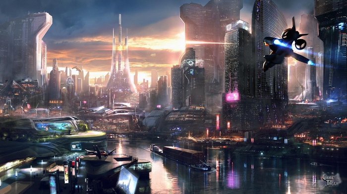 Cyberpunk Metropolis with Flying Vehicle