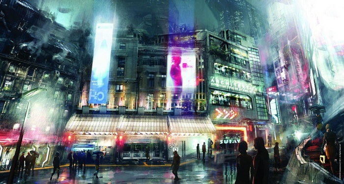 Cyberpunk city street with neon signs and rain