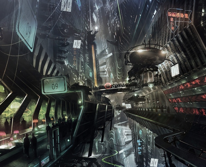 Cyberpunk city with flying vehicles and neon signs