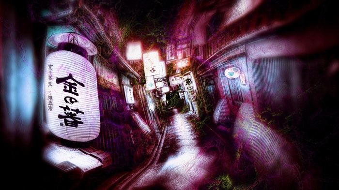 Psychedelic alley with Japanese lanterns and signs