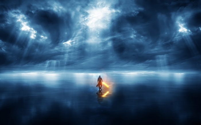 Warrior with glowing sword under stormy sky