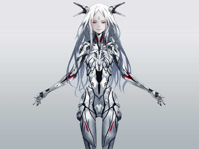 Anime girl with white hair and cybernetic suit