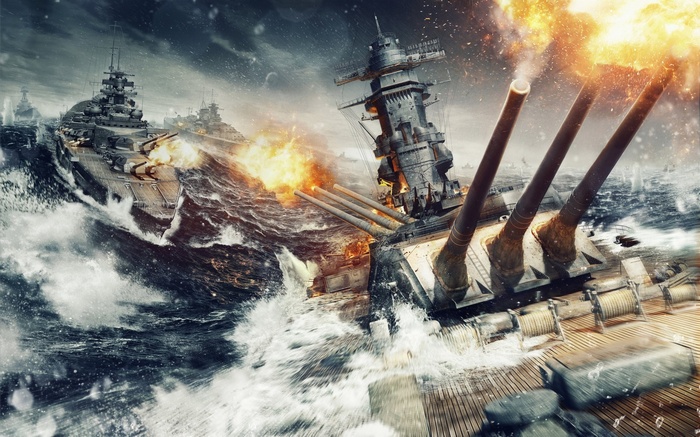 World of Warships battle with exploding ships at sea