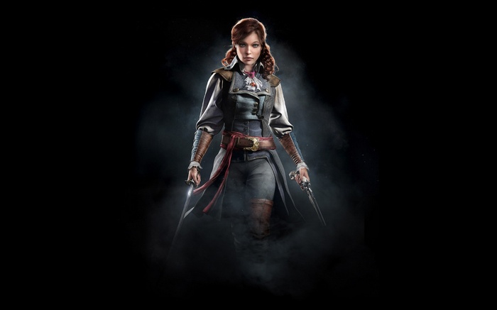 Elise from Assassin's Creed: Unity holding swords and pistol