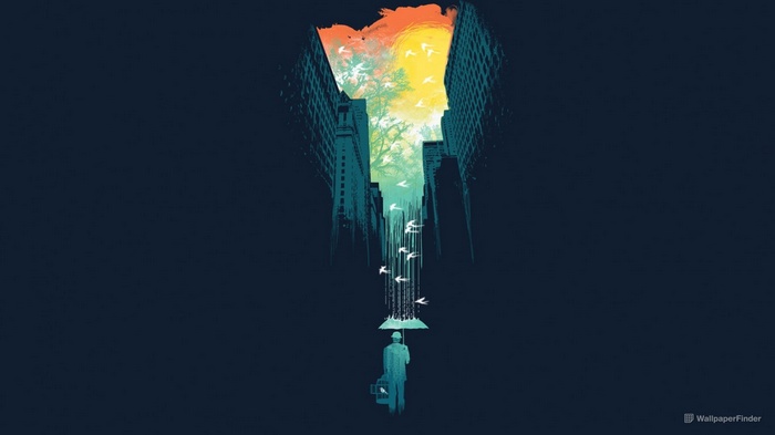 Man with umbrella and birds in city canyon