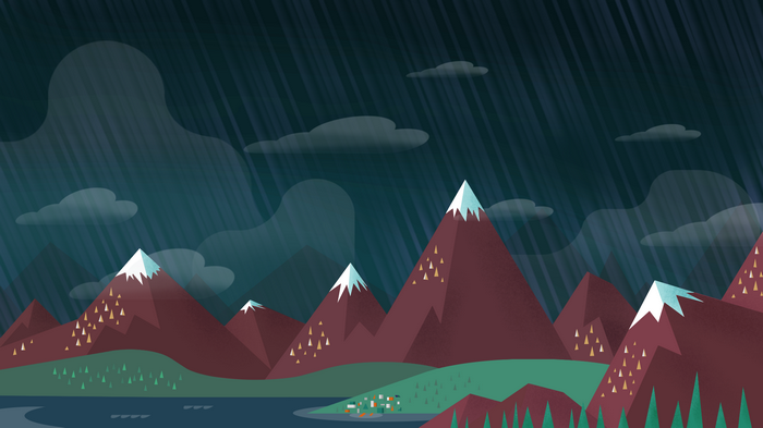 Minimalist mountains with snow caps during a rainstorm