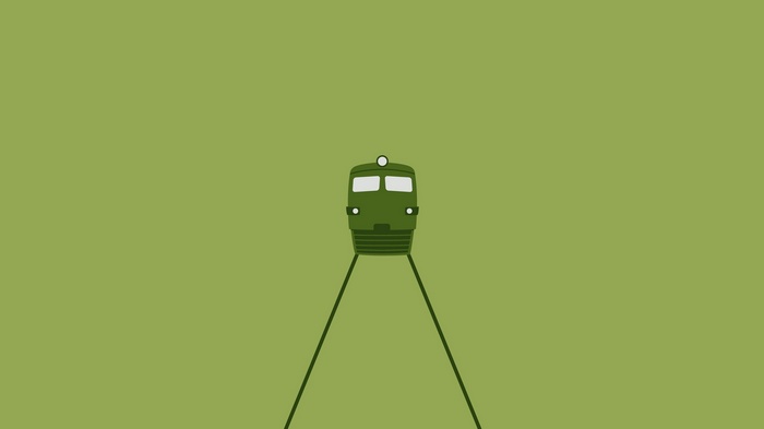 Green diesel locomotive on a minimalist background