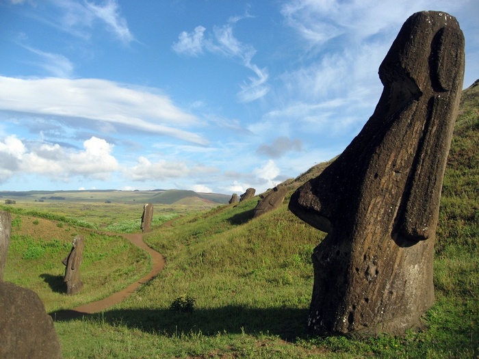 Moai statues on Easter Island landscape