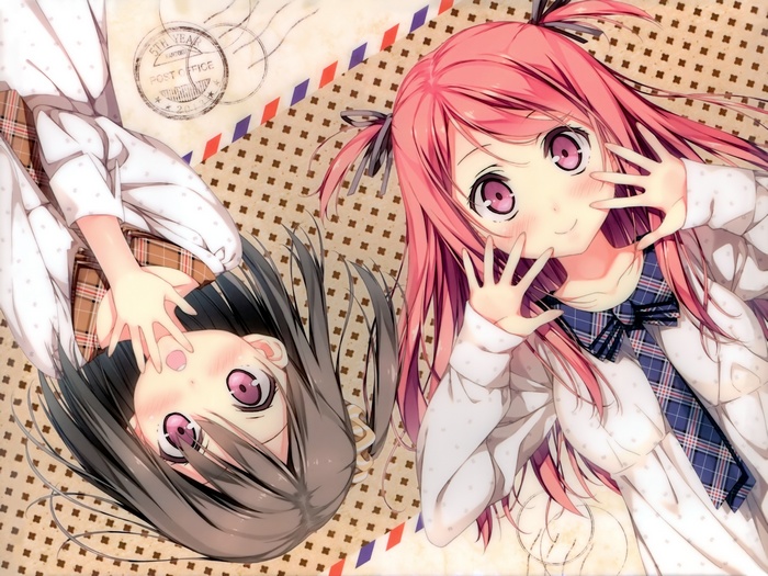 Two anime girls with pink and dark hair